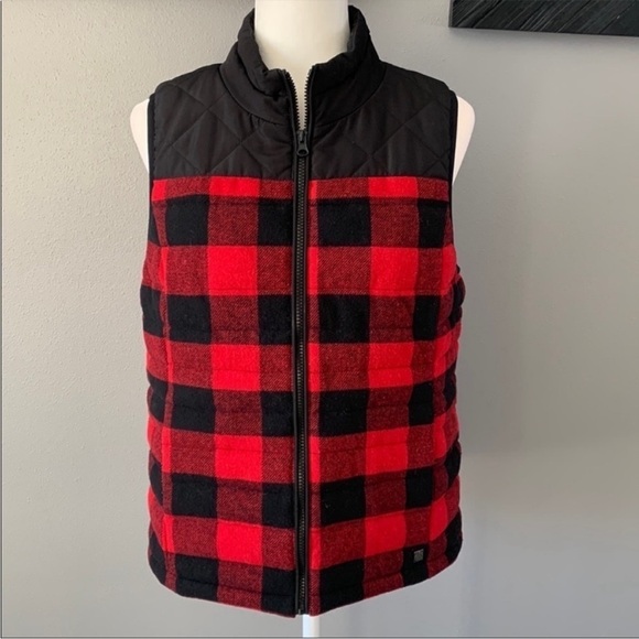 Ruff Hewn Buffalo Plaid Quilted Zip Up Vest Red & Black - Picture 1 of 8